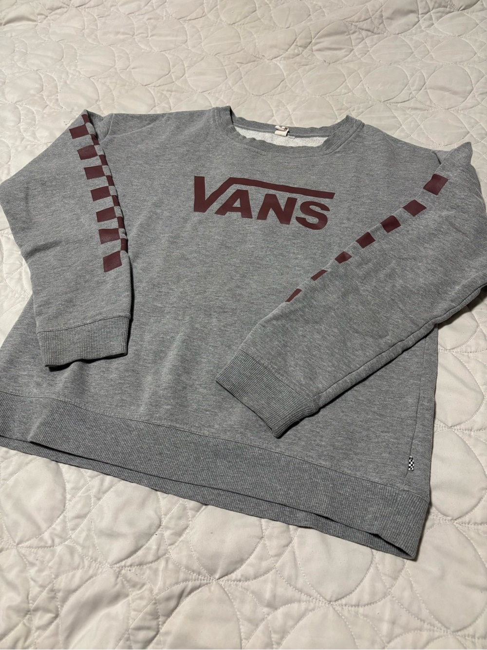 Vans Grey Crewneck Sweatshirt with Maroon Logo and Sleeve Accents